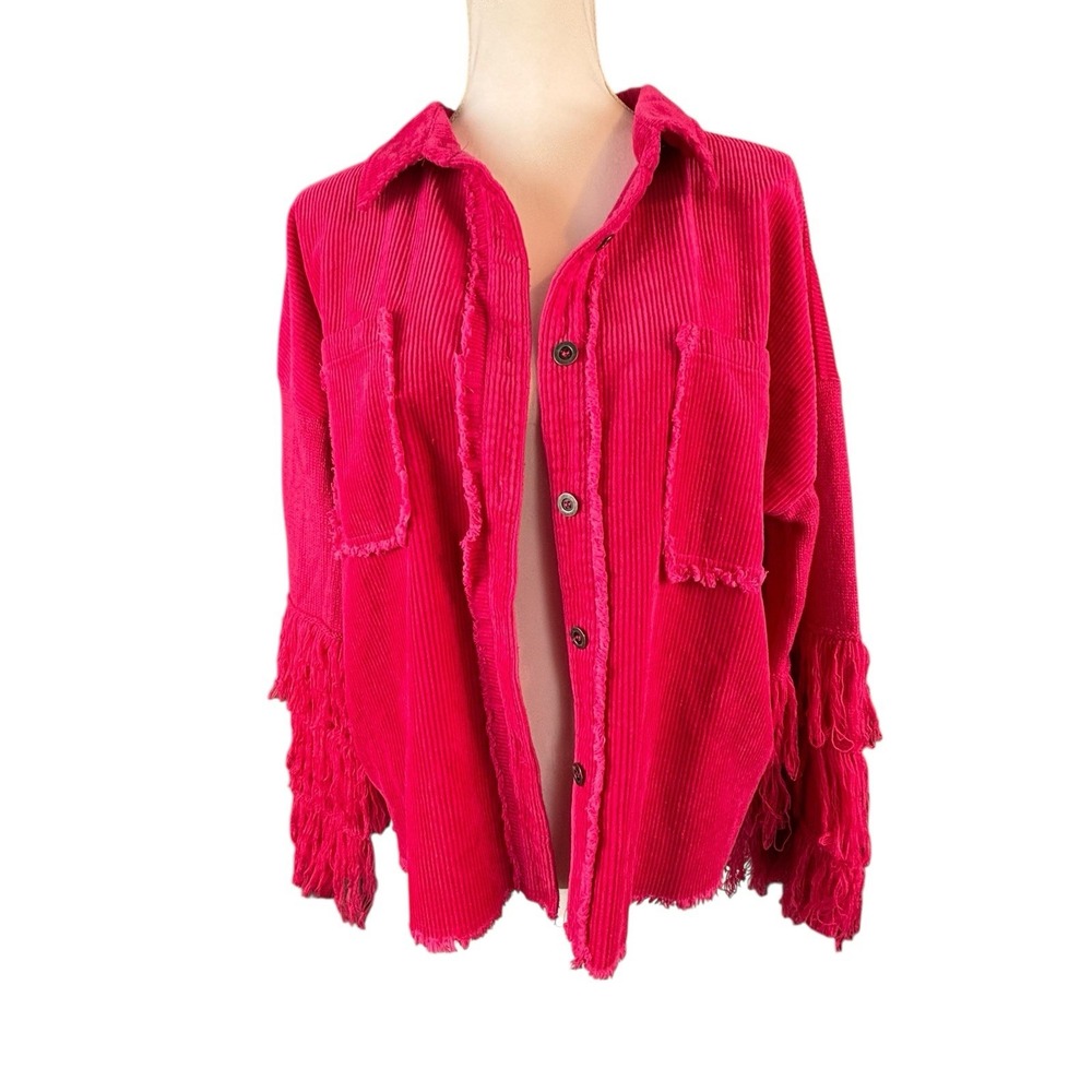 Umgee Womens Hot Pink Corduroy Shacket Jacket Fringe Sz M Boho Western Festival‎